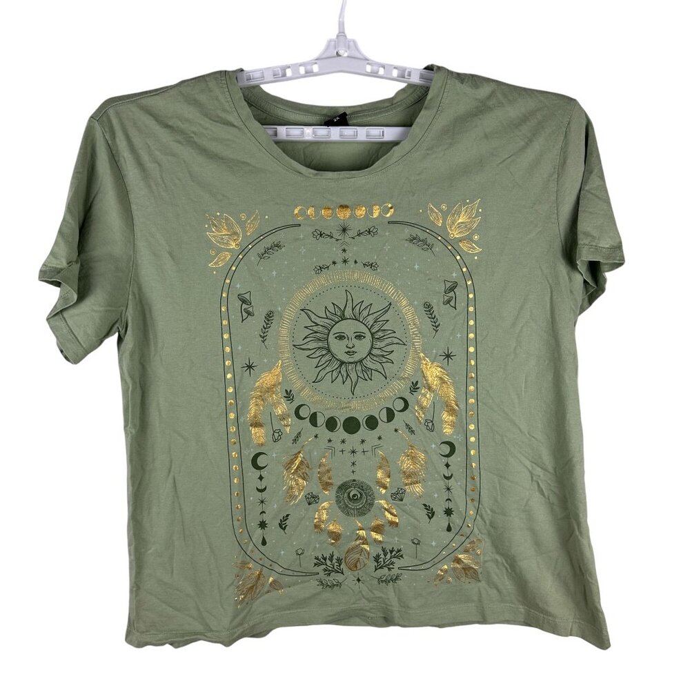 Attitude Not Included Boho-Inspired Green Graphic T-Shirt Size 2X 100% Cotton